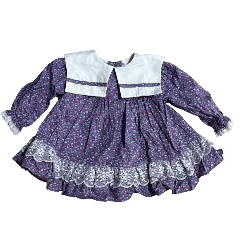 Vintage Bryan Kids Dress Purple Floral Lace Collar Long Sleeve Size 12‎ Months